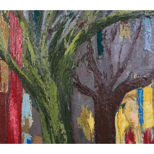 28 - ARR DRUIE BOWETT (1924 -1998), Arles 61, Street scene with trees and figures, oil on board, signed a... 