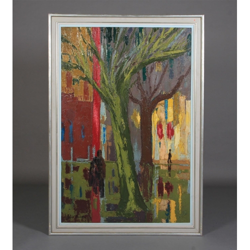 28 - ARR DRUIE BOWETT (1924 -1998), Arles 61, Street scene with trees and figures, oil on board, signed a... 