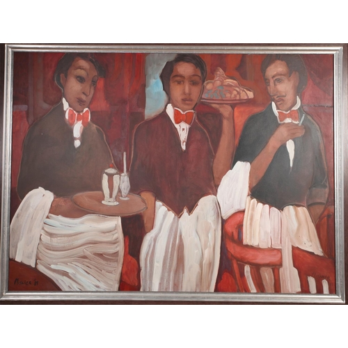 3 - ARR ROBERT HENRI PLISNIER  (Belgian b.1951), Three Waiters, oil on canvas, signed and dated (19)89, ... 