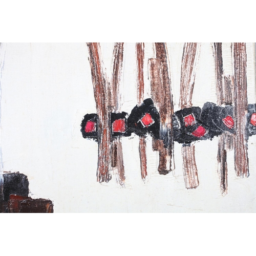 35 - ARR DRUIE BOWETT (1924-1998) Dyptic, verticals in black and brown with red, oil on canvas, signed to... 