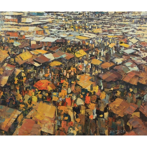 4 - MARVUA LESSOR (b.1960), Market Place, oil on canvas, signed to lower right and verso dated 2003, app... 