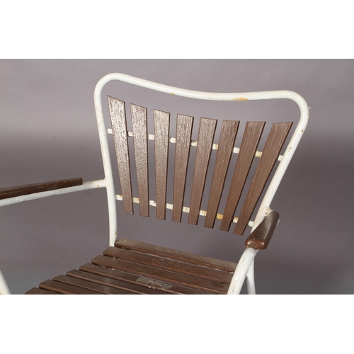 104 - A white tubular metal open armchair, c.1955-60s teak slatted back and seat