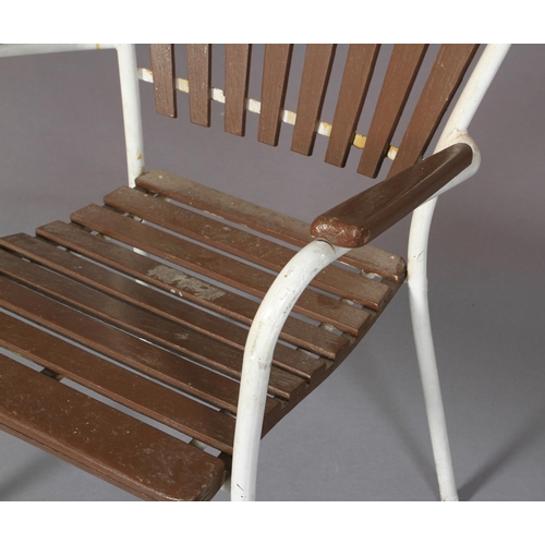 104 - A white tubular metal open armchair, c.1955-60s teak slatted back and seat