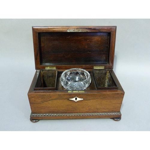 77 - A William IV rosewood veneered sarcophagus shaped tea caddy with bead and reel borders throughout, t... 