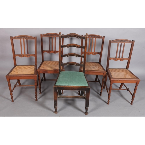 94 - A set of four oak dining chairs with carved top rails, three vertical slats, caned seats, turned leg... 