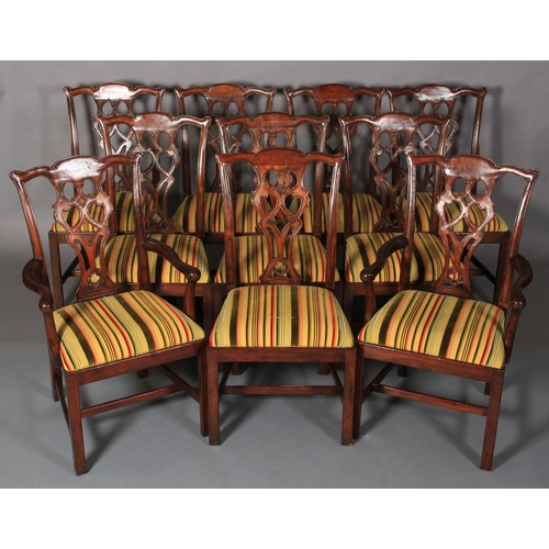 116 - A set of ten hardwood dining chairs of mid 18th century design, having  striped velvet and flat weav... 