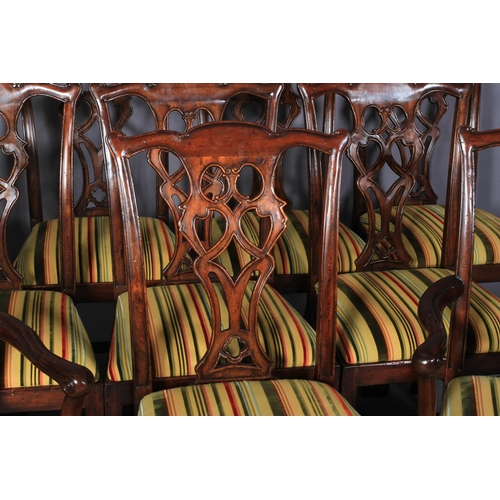 116 - A set of ten hardwood dining chairs of mid 18th century design, having  striped velvet and flat weav... 