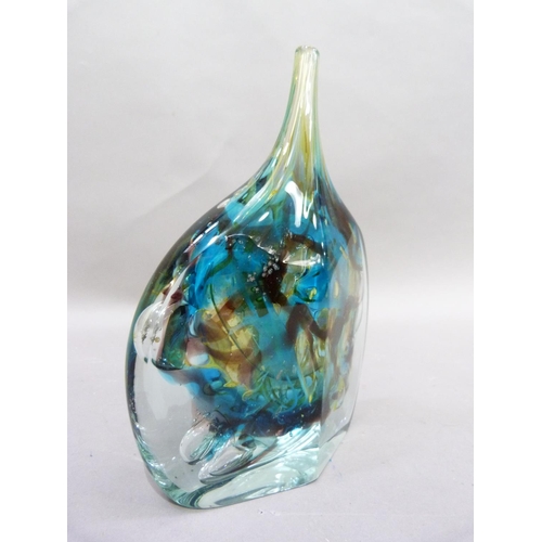 10 - A Mdina turquoise, amber and brown swirled, clear cased flat backed vase with narrow neck, 24cm