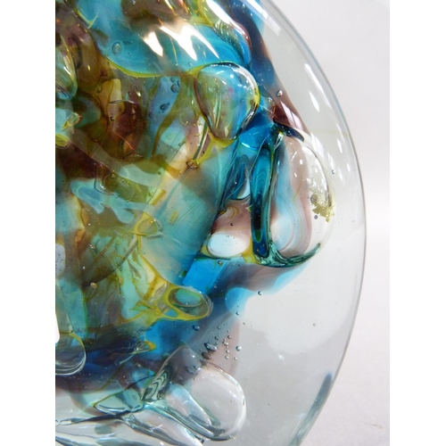 10 - A Mdina turquoise, amber and brown swirled, clear cased flat backed vase with narrow neck, 24cm