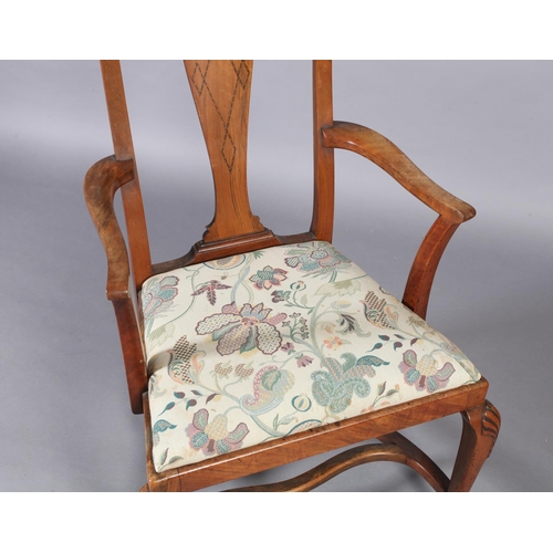 107 - An Edwardian figured mahogany elbow chair, the vase shaped splat inlaid with parquetry stringing, dr... 