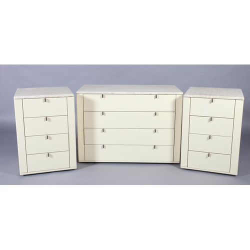 109 - A pair of Interlubke marble top cream melamine veneered chests of four drawers, together with a larg... 