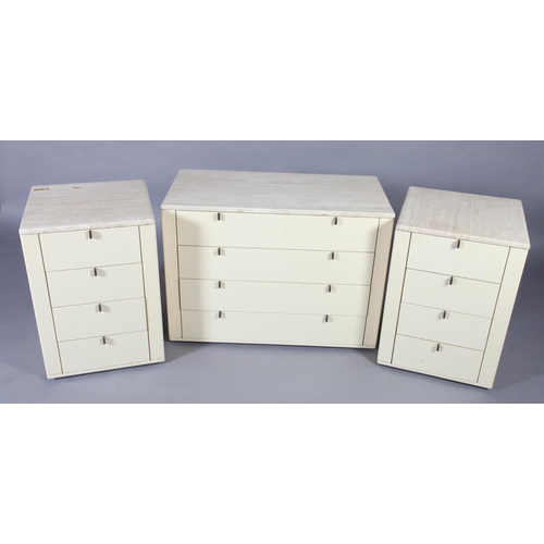 109 - A pair of Interlubke marble top cream melamine veneered chests of four drawers, together with a larg... 