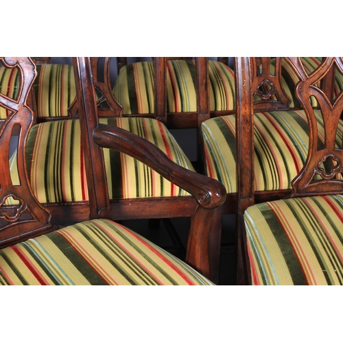 116 - A set of ten hardwood dining chairs of mid 18th century design, having  striped velvet and flat weav... 