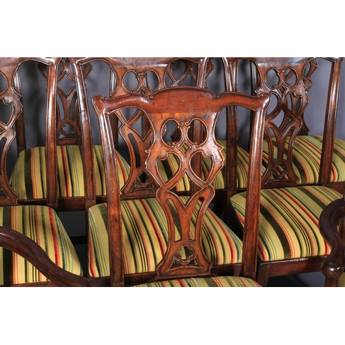 116 - A set of ten hardwood dining chairs of mid 18th century design, having  striped velvet and flat weav... 