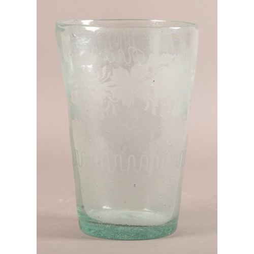 33 - A 19th century soda glass vase of tapered cylindrical 'bucket' form, the body wheel engraved with ba... 