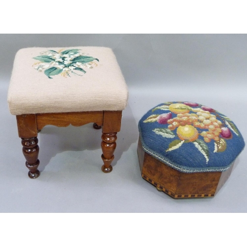 43 - A Victorian stool of square outline on turned legs with later lily of the valley needlework cover, t... 