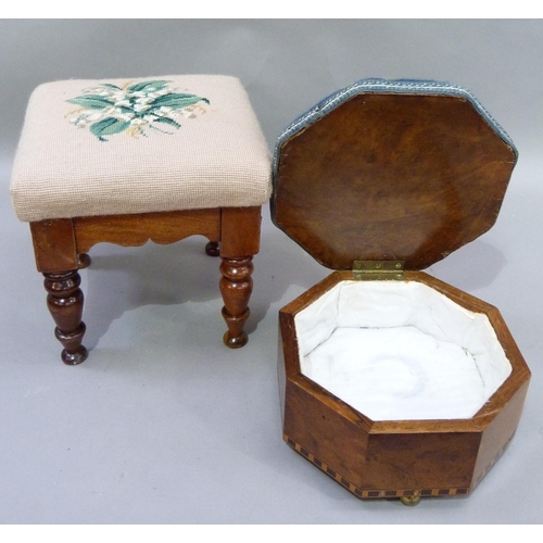 43 - A Victorian stool of square outline on turned legs with later lily of the valley needlework cover, t... 