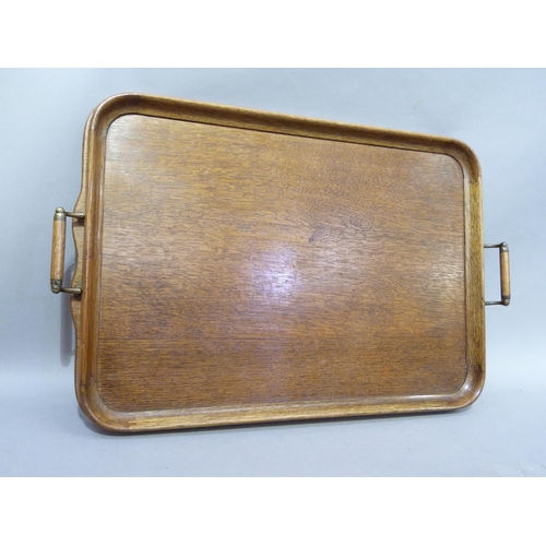 53 - An Edwardian oak and brass two handled tray 67cm over handle x 42cm