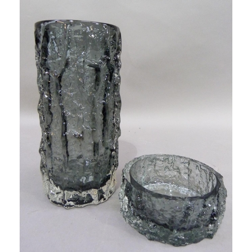 8 - A Whitefriars, bark effect grey glass vase, cylindrical, 23cm H; together with a circular dish 5cm H... 