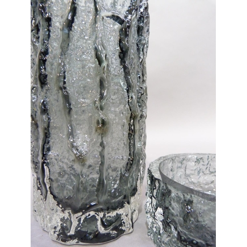 8 - A Whitefriars, bark effect grey glass vase, cylindrical, 23cm H; together with a circular dish 5cm H... 