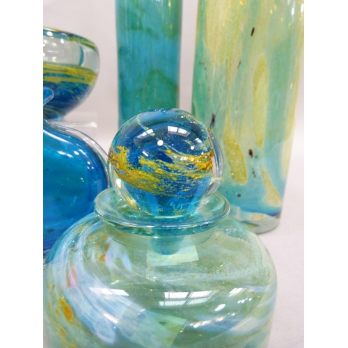 9 - Five items of Mdina including a cologne bottle with spherical stopper, 12cm H, A blue and clear case... 