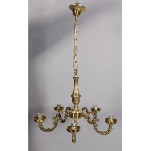 92 - A brass five branch scrolling arm chandelier, 43cm diameter approximately