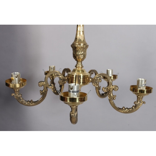 92 - A brass five branch scrolling arm chandelier, 43cm diameter approximately