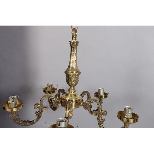 92 - A brass five branch scrolling arm chandelier, 43cm diameter approximately