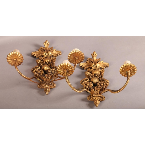 93 - Pair of gilt plaster and metal twin wall lights, modelled as fruit and foliage, the writhen serpenti... 