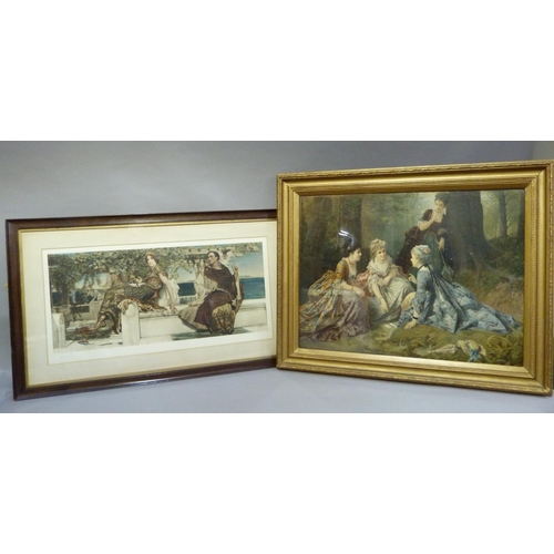 128 - A Victorian chromolithograph print of ladies playing within a woodland setting, gilt frame together ... 