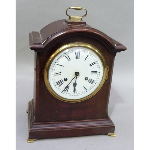 190 - Mahogany bracket clock by Junghans, movement no.B12, the white enameled dial with black Roman numera... 