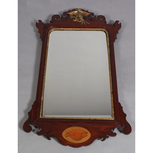 203 - A Vauxhall style fretted frame wall mirror with gilt ho-ho bird finial the base with shaded shell pa... 