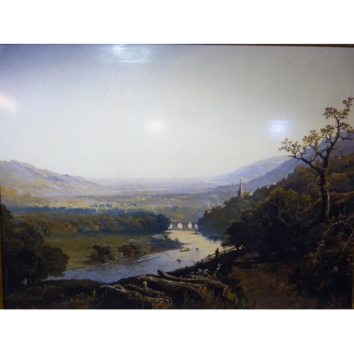 210 - A large gilt framed reproduction colour print of a river valley landscape, 108cm x 135cm including f... 