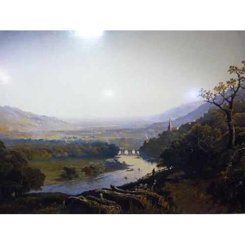 210 - A large gilt framed reproduction colour print of a river valley landscape, 108cm x 135cm including f... 