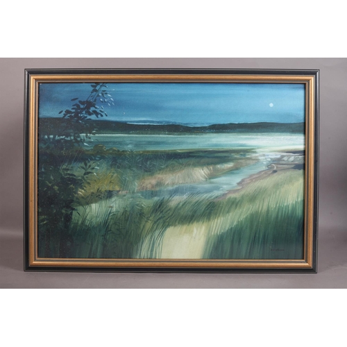 214 - Wood, David, (1937-2020), evening estuary, on canvas, signed to lower right, 50.5cm x 40cm