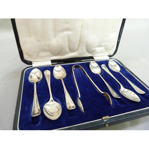 219 - A set of six silver teaspoons and a pair of silver sugar tongs by Viners, Sheffield, Sheffield 1932,... 