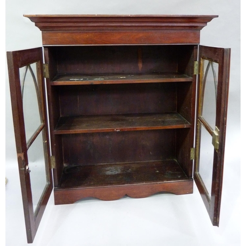 260 - A mahogany two door cabinet with arch tracery glazed doors and internal shelves, shaped plinth base,... 