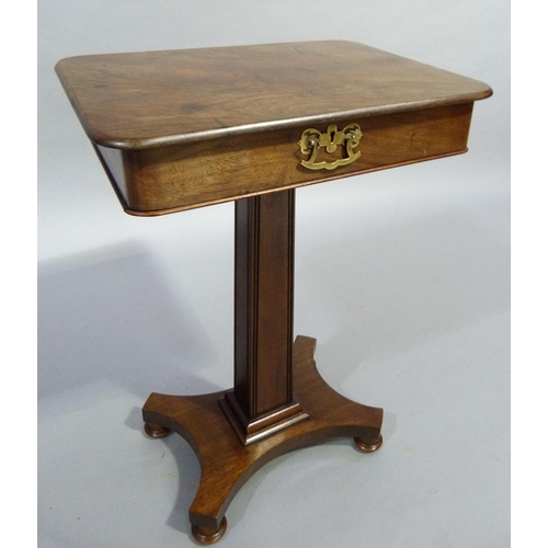 267 - A C19th mahogany work table, rectangular with drawer to the apron on a later square tapered column a... 