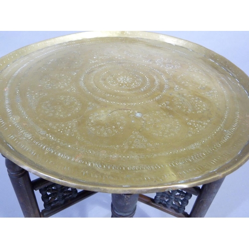 319 - A Beneres brass circular tray top table, the folding stand with mashrabiya panels, 54cm D