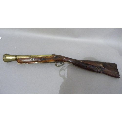 89 - A 19th century brass barreled percussion cap blunderbuss the barrel initialled FT and D? LG to top o... 