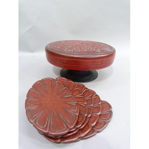 15 - A red lacquered hors d'oeuvre set in a pedestal stand with the cover moulded with chrysanthemum; tog... 