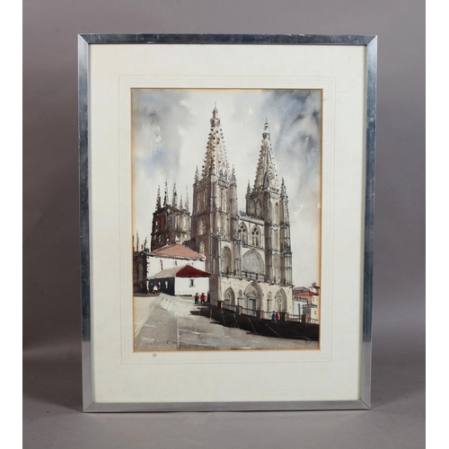 157 - Continental cathedral and street scene with figures, watercolour over pencil, signed and dated 1950 ... 