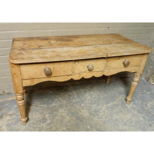 147 - A Victorian pine side table the rectangular top with rounded front corners above one short central d... 