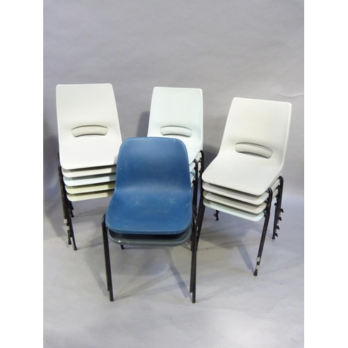 154 - Fifteen blue, grey and pale blue stacking chairs, on black tubular metal frames