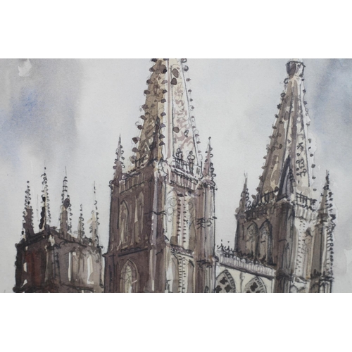 157 - Continental cathedral and street scene with figures, watercolour over pencil, signed and dated 1950 ... 