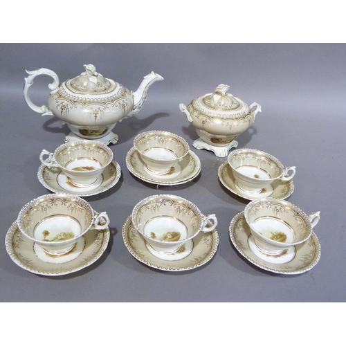 160 - A 19th century Staffordshire china tea service, each piece painted with castle, ruins and cottages i... 