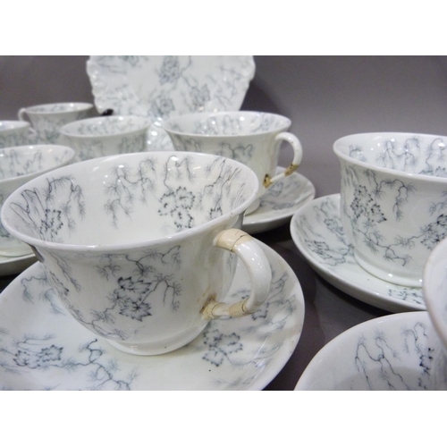 161 - A Victorian china tea service printed in grey with pendant leaf fronds comprising nine afternoon tea... 