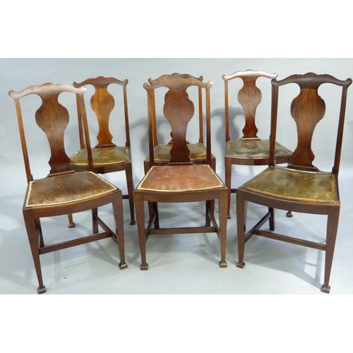 328 - A set of six mahogany dining chairs of Queen Anne style having a vase shaped splat, upholstered seat... 