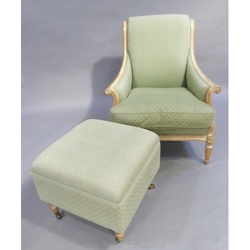 331 - A bleached beech framed armchair having a roll over top to the back, down swept arms and on turned l... 