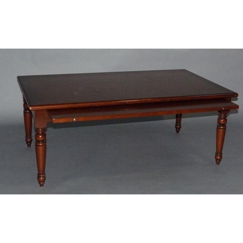 345 - A Cherrywood coffee table, rectangular plank top and pull out slide, on turned legs, measuring 118cm... 